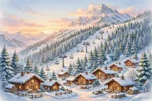 Cartoon illustration of a snowy ski village with chairlifts rising toward a mountain summit at dawn.