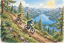 Cartoon illustration of two mountain bikers descending a forest trail high above a big blue lake.
