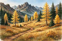 Cartoon illustration of golden larch trees in a mountain meadow with a rocky summit behind.