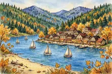 Cartoon illustration of a small lakeside mountain town in autumn with a sandy beach and sailboats.