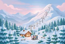 A cartoon illustration of a snowy mountain resort at dawn with chairlifts and skiers awaiting opening day.