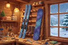 A cartoon illustration of skiers on a floodlit trail at night with mountains in the background.