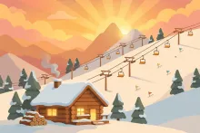 A cartoon illustration of an alpine base village under construction with a crane and a gondola line.