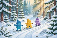 A cartoon illustration of kids skiing behind an instructor on a gentle snowy slope.