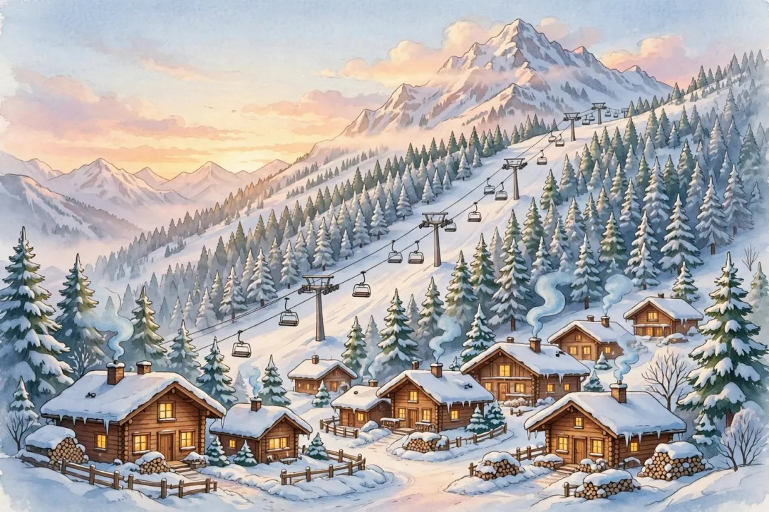 Cartoon illustration of a snowy ski village with chairlifts rising toward a mountain summit at dawn.