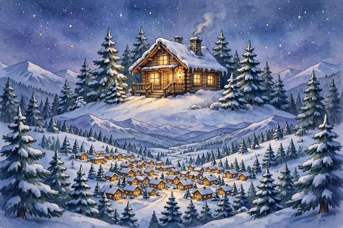 Cartoon illustration of a cozy mountain lodge at dusk overlooking a twinkling ski village in a snowy valley.