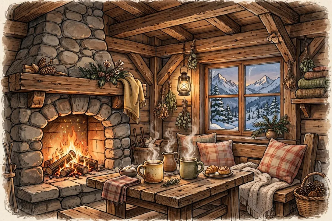 Cartoon illustration of a rustic alpine restaurant interior with a crackling stone fireplace and steaming mugs on a wooden table.