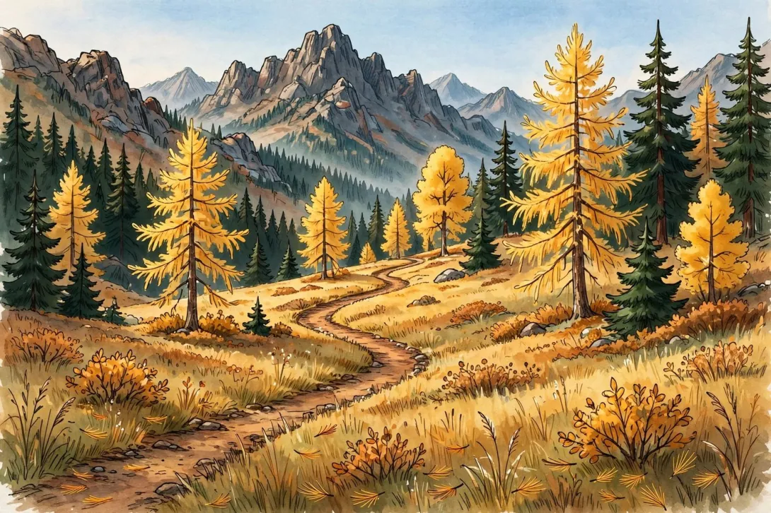 Cartoon illustration of golden larch trees in a mountain meadow with a rocky summit behind.