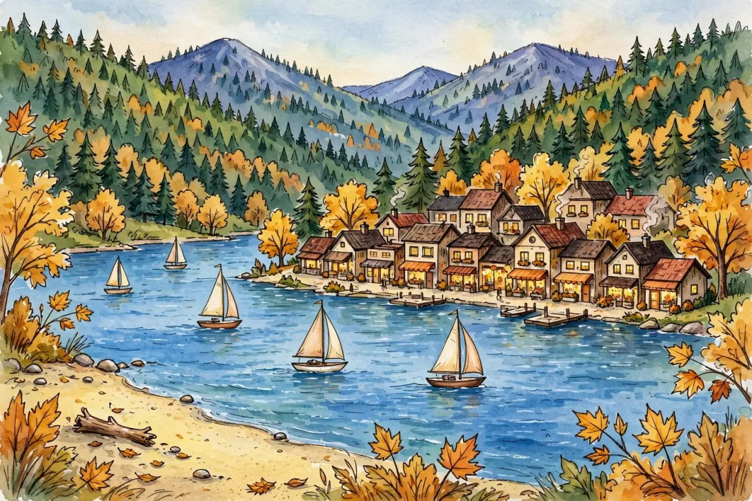 Cartoon illustration of a small lakeside mountain town in autumn with a sandy beach and sailboats.