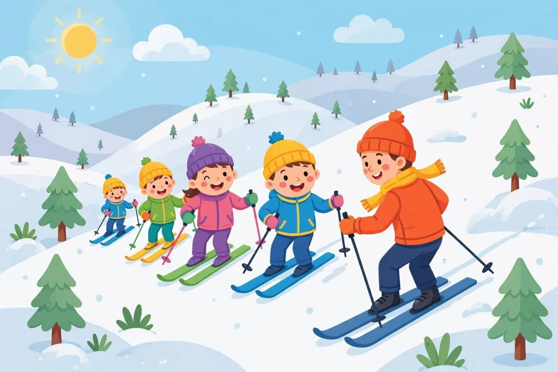 A cartoon illustration of skis, boots, and a snowboard leaning against a wooden rack in a cozy lodge workshop.