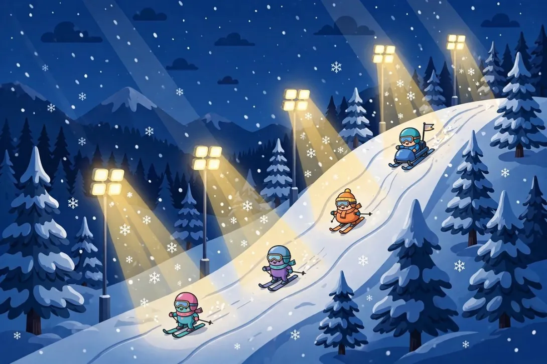 A cartoon illustration of a mountain lodge and chairlifts with golden sunset light behind the summit.
