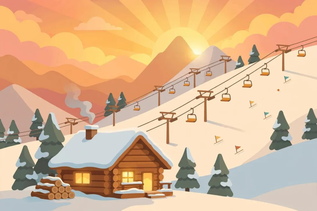 A cartoon illustration of an alpine base village under construction with a crane and a gondola line.