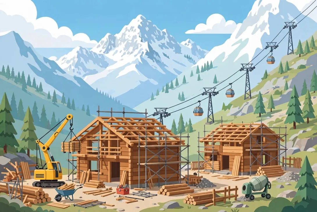 A cartoon illustration of a winding road through golden larch forest with a lake and mountain ranges beyond.